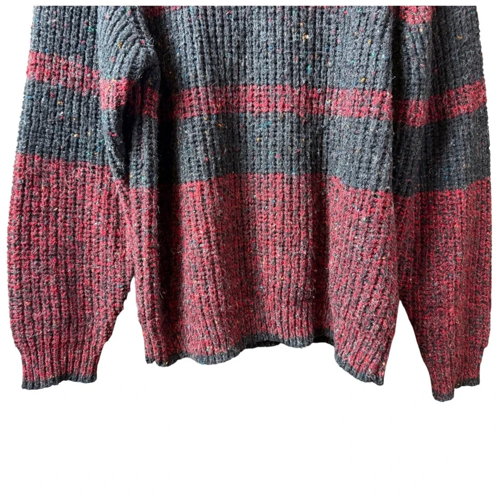 VTG Mens Striped Wool Blend Crewneck Sweater Burgundy Grey L Eclectic Grandpa‎